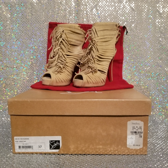 Louboutin Deva Tan Suede Heels sz 37 120mm - Picture 2 of 12